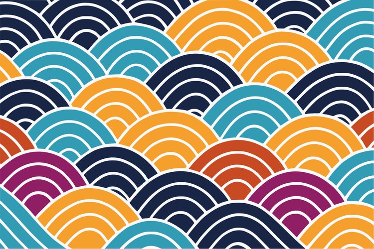 Waves in tropical colors and Asian patterns, banner for Asian American and Pacific Islander Heritage Month APAHM in May Commission on Asian American Affairs Nebraska