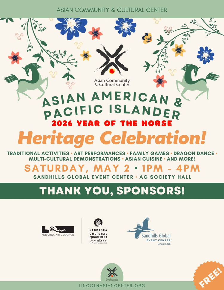 Flyer for the Asian American & Pacific Islander Heritage Celebration, featuring floral designs and green horses. It's scheduled for Saturday, May 2, from 1 PM to 4 PM at the Sandhills Global Event Center. Activities include traditional performances, family games, and Asian cuisine. The event is free, with sponsorship from local organizations.